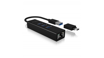 Raidsonic 4 Port Hub with USB 3.0 Type-A, Type-C, Gigabit LAN Icy Box IB-HUB1419-LAN Black