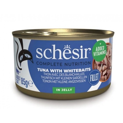 Schesir Cat Tuna with Whitebaits in Jelly, 85g - pilnvērtīgā barība - tuncis un salaka (sņitka) želejā