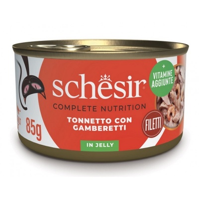 Schesir Cat Tuna with Shrimps in Jelly, 85g - pilnvērtīgā barība - tuncis un garneles želejā