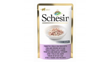 Schesir Cat Tuna and Chicken with Ham, 85g - tuncis, vistas fileja un šķiņķis želejā
