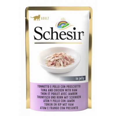 Schesir Cat Tuna and Chicken with Ham, 85g - tuncis, vistas fileja un šķiņķis želejā