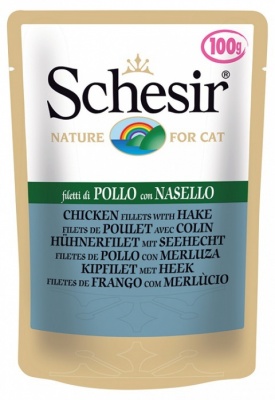 Schesir Cat Chicken and Hake, 85g - vistas fileja un heks želejā
