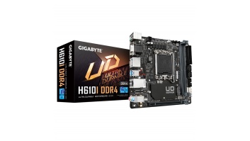Gigabyte H610I DDR4 1.0 M/B Processor family Intel, Processor socket LGA1700, DDR4 DIMM, Memory slots 2, Supported hard disk drive interfaces SATA, M.2, Number of SATA connectors 4, Chipset Intel H610 Express, Mini-ITX