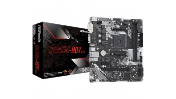 ASRock B450M-HDV R4.0 Processor family AMD, Processor socket AM4, DDR4 DIMM, Memory slots 2, Supported hard disk drive interfaces 	SATA, M.2, Number of SATA connectors 4, Chipset AMD Promontory B450, Micro ATX
