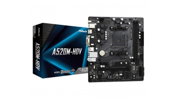 ASRock A520M-HDV Processor family AMD, Processor socket AM4, DDR4 DIMM, Memory slots 2, Supported hard disk drive interfaces 	SATA, M.2, Number of SATA connectors 4, Chipset AMD A520, Micro ATX