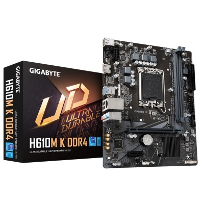 Gigabyte H610M K DDR4 1.0 M/B Processor family Intel, Processor socket  LGA1700, DDR4 DIMM, Memory slots 2, Supported hard disk drive interfaces 	SATA, M.2, Number of SATA connectors 2, Chipset Intel H610 Express, Micro ATX