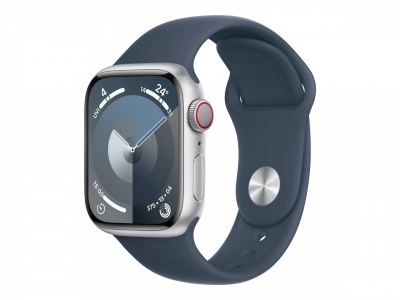 Apple Apple Watch Series 9 GPS + Cellular 41mm Silver Aluminium Case with Storm Blue Sport Band - M/L