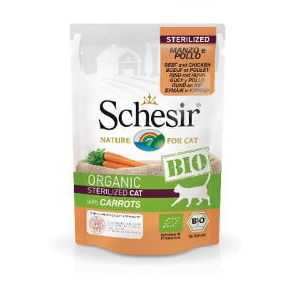 Schesir BIO Beef, Chicken & Carrots Sterilized, 85g - bezgraudu organiska sautēts liellops, vista un burkāni sterilizētiem kaķiem