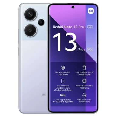 Xiaomi Redmi Note 13 Pro+ Aurora Purple 6.67 " AMOLED 1220 x 2712 pixels Mediatek Dimensity 7200 Ultra Internal RAM 12 GB 512 GB Dual SIM Nano-SIM 5G 4G Main camera 200+8+2 MP Secondary camera 16 MP Android 13 5000 mAh