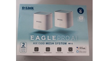 SALE OUT. D-Link M15-2 EAGLE PRO AI AX1500 Mesh System D-Link EAGLE PRO AI AX1500 Mesh System M15-2 (2-pack) 802.11ax 1200+300 Mbit/s 10/100/1000 Mbit/s Ethernet LAN (RJ-45) ports 1 Mesh Support Yes MU-MiMO Yes No mobile broadband Antenna type 2 x 2.4G WL