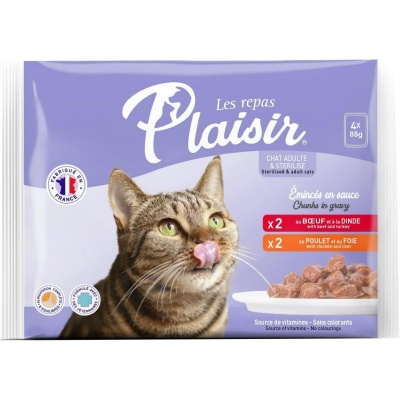 Plaisir Cat Meat Menu, 4x85g - gaļas gabaliņi mērcē, divu gaļas garšu asortī