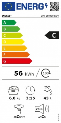 INDESIT | Washing machine | BTW L60400 EE/N | Energy efficiency class C | Top loading | Washing capacity 6 kg | 951 RPM | Depth 60 cm | Width 40 cm | White