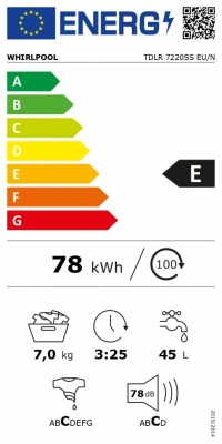 Whirlpool veļas mašīna | TDLR 7220SS EU/N | Energoefektivitātes klase E | Iekraušana no augšas | Mazgāšanas jauda 7 kg | 1200 RPM | Dziļums 60 cm | Platums 40 cm | LED | Balts