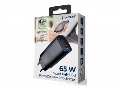 Cablexpert TA-UC-PDQC65-01-BK 3-port 65 W GaN USB PowerDelivery fast charger, black | Cablexpert