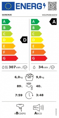 Gorenje Washing Machine with Dryer | WD2PA964ADW | Energy efficiency class A/D | Front loading | Washing capacity 9 kg | 1400 RPM | Depth 55 cm | Width 60 cm | Display | LED | Drying system | Drying capacity 6 kg | Steam function | Wi-Fi | White