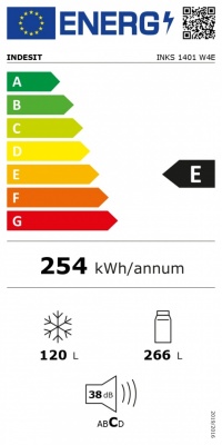 INDESIT Refrigerator | INKS 1401 W4E | Energy efficiency class E | Free standing | Combi | Height 202.5 cm | Fridge net capacity 266 L | Freezer net capacity 120 L | 38 dB | White