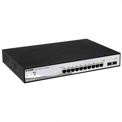 D-LINK DGS-1210-10P, Gigabit Smart III Switch with 8 10/100/1000Base-T PoE ports and 2 combo 1000Base-T/MiniGBIC (SFP) ports, 802.3x Flow Control, Port Trunking, 802.1Q VLAN, 802.1p Priority Queues, Port mirroring, Jumbo Frame support, 802.1D STP, ACL, LL