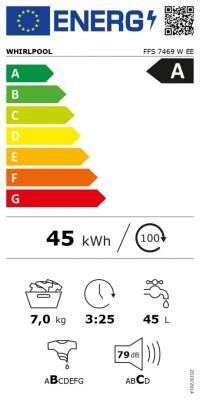 Whirlpool Washing machine | FFS 7469 W EE | Energy efficiency class A | Front loading | Washing capacity 7 kg | 1400 RPM | Depth 57.5 cm | Width 59.5 cm | Display | LED | White