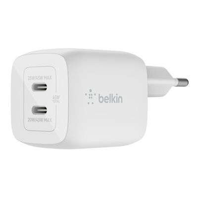 Belkin Dual USB-C GaN Wall Charger with PPS 45W | WCH011vfWH
