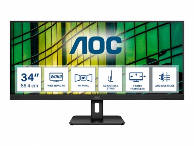 AOC | Monitor | U34E2M | 34 " | VA | WQHD | 21:9 | 100 Hz | 4 ms | 3440 x 1440 | 300 cd/m² | HDMI ports quantity 2 | Black