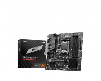 MSI | PRO B650M-P | Processor family AMD | Processor socket AM5 | DDR5 | Memory slots 4 | Supported hard disk drive interfaces 	SATA, M.2 | Number of SATA connectors 4 | Chipset AMD B650 | mATX