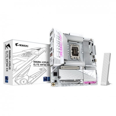 Gigabyte B860M AORUS ELITE WIFI6E ICE | Processor family Intel | Processor socket LGA1851 | DDR5 | Supported hard disk drive interfaces SATA, M.2 | Number of SATA connectors 4