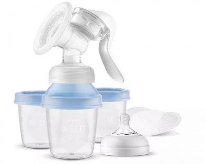 Philips Avent Lotus manuālais krūts piena sūknis ar trauciņiem piena/ēdiena uzglabāšanai (3 gab., + adapteris)