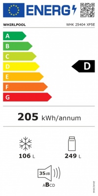Whirlpool Refrigerator | WHK 25404 XP5E | Energy efficiency class D | Free standing | Combi | Height 203.5 cm | No Frost system | Fridge net capacity 249 L | Freezer net capacity 106 L | 35 dB | Silver