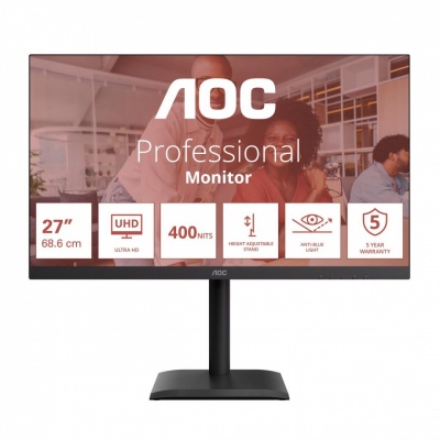 AOC | U27E4CV | 27 " | IPS | UHD | 16:9 | 60 Hz | 4 ms | 3840 x 2160 pixels | 400 cd/m² | HDMI ports quantity 2 | Black