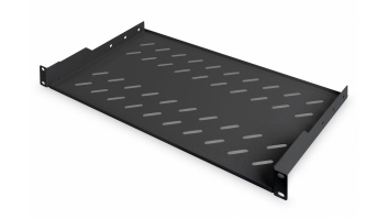Digitus | Fixed Shelf for Racks | DN-19 TRAY-1-SW | Black | The shelves for fixed mounting can be installed easy on the two front 483 mm (19“) profile rails of your 483 mm (19“) network- or server cabinet. Due to their stable, perforated steel sheet with 