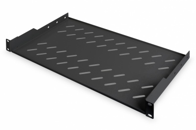 Digitus | Fixed Shelf for Racks | DN-19 TRAY-1-SW | Black | The shelves for fixed mounting can be installed easy on the two front 483 mm (19“) profile rails of your 483 mm (19“) network- or server cabinet. Due to their stable, perforated steel sheet with 