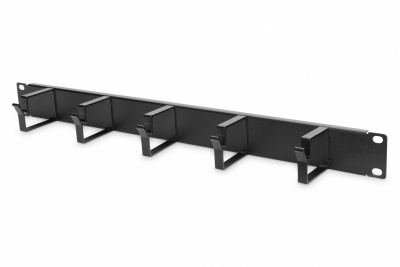 Digitus | Cable Management Panel | DN-97602 | Black | 5x cable management ring (HxD: 40x60 mm). The Cable Management Panel is getting fixed on the 483 mm (19“) profile rails. Five cable guiding rings allow an easy, horizontal array of patch cables. It gua