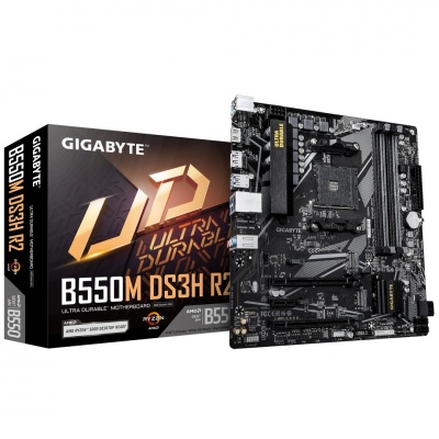 Gigabyte B550M DS3H R2 | Processor family AMD | Processor socket AM4 | DDR4 DIMM | Supported hard disk drive interfaces SATA, M.2 | Number of SATA connectors 4
