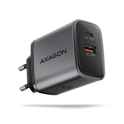 AXAGON ACU-PQ67 GaN Wall charger 67W, 2x port (USB-A + USB-C) PD3.0/PPS/QC4+/SFC 2.0/Apple, Black