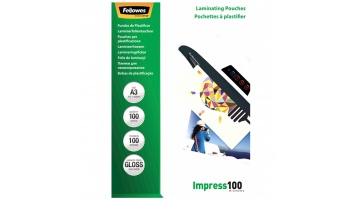 Fellowes | Laminating Pouch | A3 | Glossy | Thickness: 100 micron, Qty Per Pack: 100 pcs; Ideal for notices, craft materials, signage and frequently handled documents; Compatible with all laminator brands