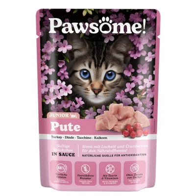 Pawsome! Junior Pute, 85g - bezgraudu gaļas gabaliņi ar tītaru mērcē kaķēniem