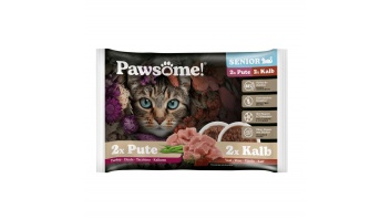 Pawsome! Senior Mix, 4x85g - bezgraudu gaļas gabaliņi mērcē senjoriem, divu garšu asortī