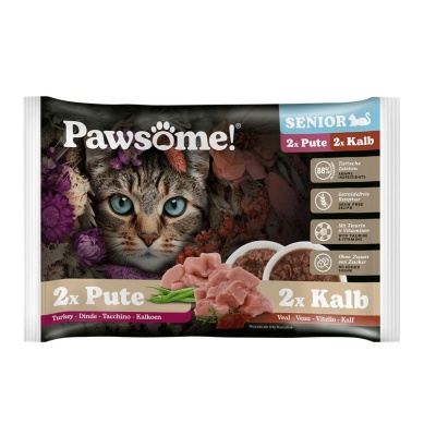 Pawsome! Senior Mix, 4x85g - bezgraudu gaļas gabaliņi mērcē senjoriem, divu garšu asortī