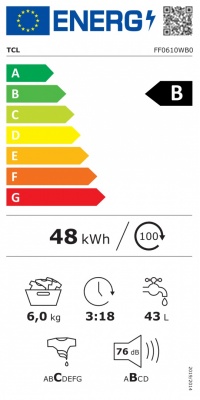 TCL Washing machine | FF0610WB0 | Energy efficiency class B | Front loading | Washing capacity 6 kg | 1000 RPM | Depth 45 cm | Width 60 cm | LED | Steam function | White