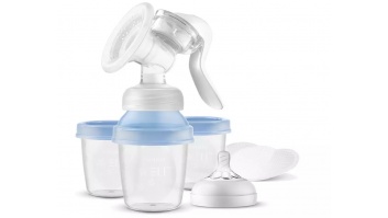 Philips Avent Lotus manuālais krūts piena sūknis ar trauciņiem piena/ēdiena uzglabāšanai (3 gab., + adapteris)