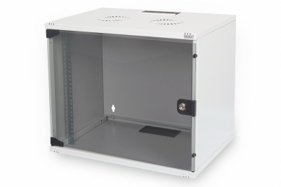 Digitus | 7U wall mounting cabinet | DN-19 07U-S-1 | Safety class rating IP20. Lockable safety-glass door. 200° door opening angle. Front door: Glass door, single opening. Unmounted 370x540x400 mm | Grey