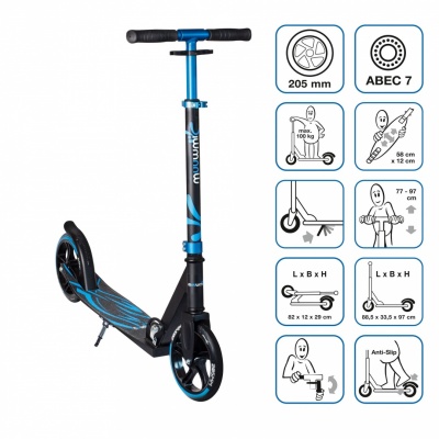 Muuwmi Aluminium Scooter Plus skrejritenis 205 mm, zils - melns