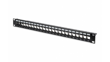 Digitus | Modular Patch Panel | DN-91411 | Layout Keystone Entry: Straight; Area of application: 483 mm (19") cabinet; Suitable for 483 mm (19") cabinet mounting; Housing material: 1.5 mm SPCC cold rolled stell sheet, powder-coated; Ports: 24 | Black