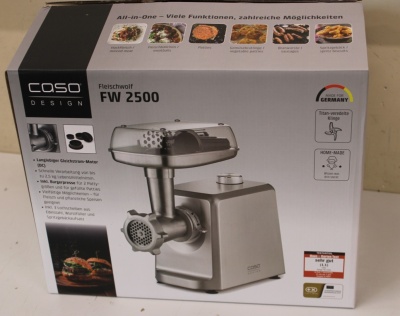 SALE OUT. Caso Meat Mincer | FW 2500 | Stainless Steel | 2500 W | Number of speeds 2 | Throughput (kg/min) 2.5 | 3 stainless steel cutting plates (3 mm, 5 mm and 8 mm), Sausage filler, Cookie attachment with 4 moulds, Stuffer | DEMO