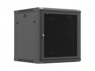 Wall mounted installation cabinet 19"12U, 600 x 600, Black perforated door (Flat pack) | Lanberg WF01-6612-23B | Lockable, vented top panel, perforated front door, single-leafed, 2 slots for fan, 1 mm thickness, 4 vertical mounting rails, grounding front 
