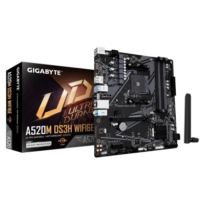 Gigabyte A520M DS3H WIFI6E | Processor family AMD | Processor socket AM4 | DDR4 | Supported hard disk drive interfaces SATA, M.2 | Number of SATA connectors 4