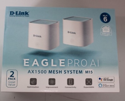 SALE OUT. D-Link M15-2 EAGLE PRO AI AX1500 Mesh System D-Link EAGLE PRO AI AX1500 Mesh System M15-2 (2-pack) 802.11ax 1200+300 Mbit/s 10/100/1000 Mbit/s Ethernet LAN (RJ-45) ports 1 Mesh Support Yes MU-MiMO Yes No mobile broadband Antenna type 2 x 2.4G WL
