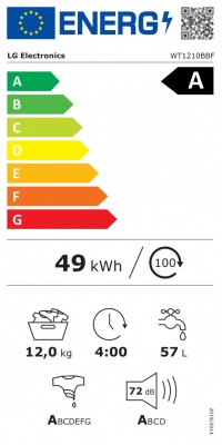 LG | Washing machine with dryer | WT1210BBF | Energy efficiency class A/C | Front loading | Washing capacity 12 kg | 1400 RPM | Depth 66 cm | Width 60 cm | Display | LED | Drying system | Drying capacity 10 kg | Steam function | Wi-Fi | Black