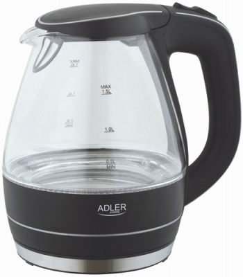 Adler | Kettle | AD 1224 | Standard | 2000 W | 1.5 L | Glass | 360° rotational base | Black