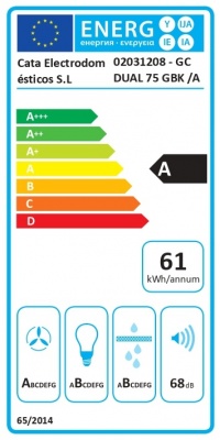 CATA GC DUAL 75 GBK/A | Hood | Canopy | Energy efficiency class A | Width 75 cm | Touch sensitive | 820 m³/h | LED | Black